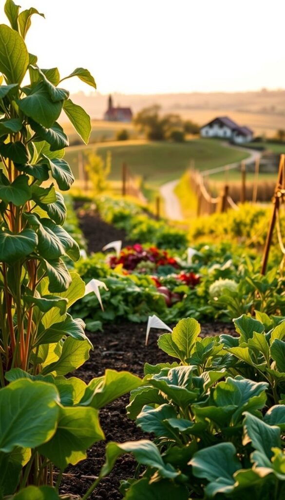 A vibrant garden scene showcasing the harmony of crop rotation families. In the foreground, lush vegetable plants stand tall, their leaves gently swaying in the warm, natural light. In the middle ground, a variety of crops - leafy greens, root vegetables, and legumes - are arranged in a thoughtful pattern, symbolizing the cyclical nature of crop rotation. The background features a picturesque rural landscape, with rolling hills, a winding path, and a distant farmhouse, all bathed in a soft, golden glow. The overall composition conveys a sense of balance, sustainability, and the beauty of a well-planned, healthy garden ecosystem.