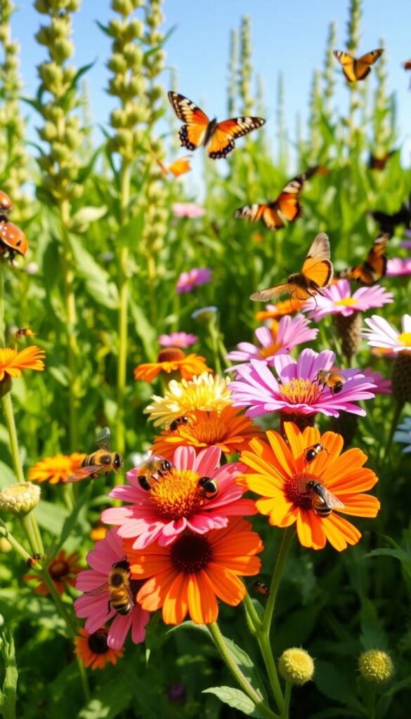 A vibrant garden scene with an array of beneficial insects thriving amongst lush greenery and colorful flowers. In the foreground, honeybees pollinate blooming wildflowers, their fuzzy bodies dusted with pollen. Ladybugs crawl along the leaves, hunting for aphids. Hoverflies hover gracefully, their translucent wings catching the warm, golden sunlight. In the middle ground, a praying mantis perches, its triangular head swiveling to survey the bustling activity. Butterflies in a kaleidoscope of colors flit from blossom to blossom. The background features a verdant backdrop of towering plants and a clear, azure sky, creating a serene, harmonious atmosphere that celebrates the essential role of these diverse insects in the garden ecosystem.