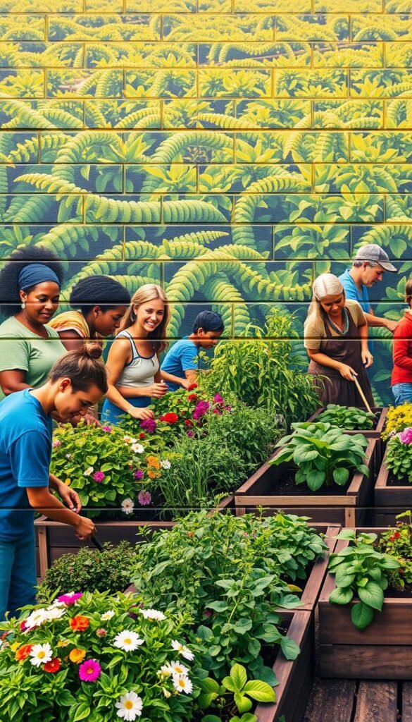 A vibrant, hand-painted mural depicting the core values of guerrilla gardening. In the foreground, a diverse community of gardeners tend to lush, thriving plants, their faces alight with a sense of purpose and pride. In the middle ground, a cascade of flowers, herbs, and vines spill over the edges of raised garden beds, reclaiming abandoned urban spaces. The background features a patchwork of verdant foliage, hinting at the transformative power of guerrilla gardening to revitalize neglected areas. The scene is bathed in warm, golden light, conveying a feeling of optimism and renewal. The overall composition celebrates the grassroots spirit, environmental stewardship, and community-driven ethos that define the guerrilla gardening movement.