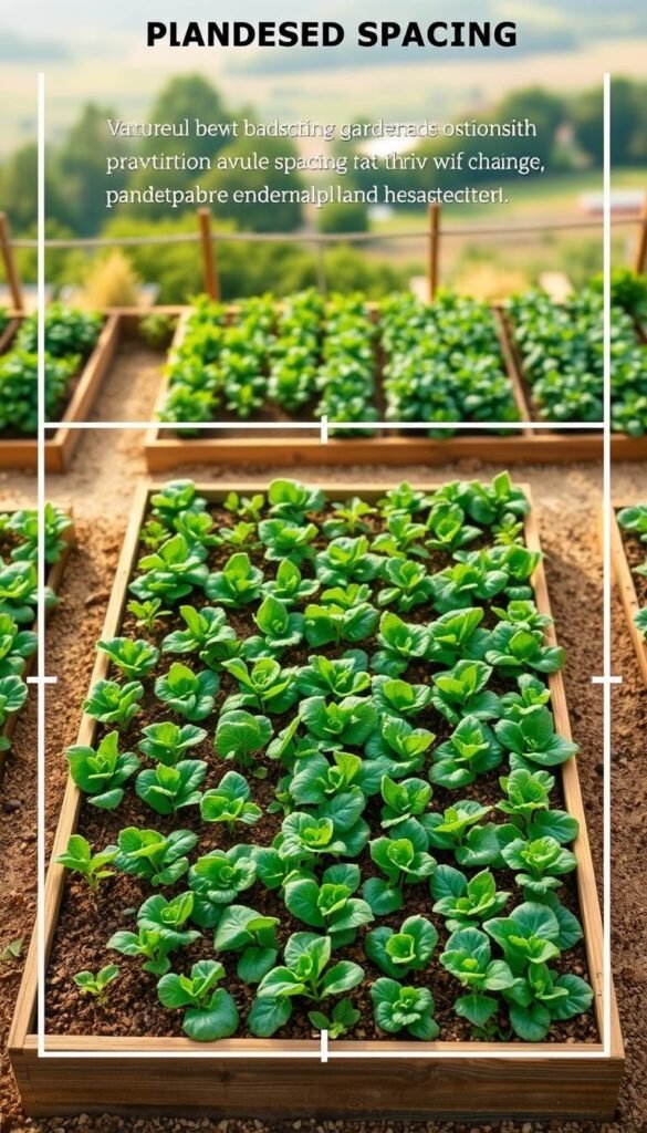 A vibrant, high-resolution diagram showcasing the optimal plant spacing for a raised bed vegetable garden layout. The foreground depicts a detailed overhead view of a neatly arranged grid of vegetable plants, each with ample spacing to thrive. The middle ground highlights the raised bed construction, with warm, earthy tones and natural textures. The background features a soft, blurred landscape, creating a sense of depth and setting. The lighting is soft and diffused, accentuating the lush foliage and creating a harmonious, welcoming atmosphere. The entire scene conveys a sense of order, productivity, and an abundance of healthy, flourishing plants.