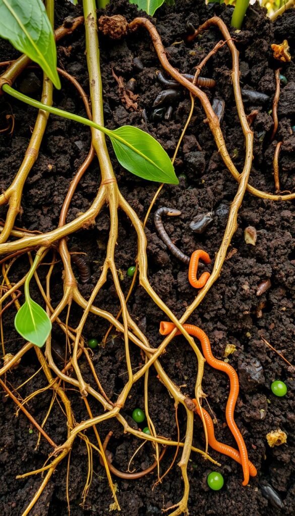 A vibrant, high-resolution photograph showcasing the intricate world beneath the soil surface. In the foreground, a tangle of plant roots, gnarled and intertwined, interacting with a diverse array of soil organisms - earthworms, fungi, and microbes. The middle ground reveals the rich, dark-brown soil, its texture and structure clearly visible, teeming with life. In the background, a soft, diffused lighting illuminates the scene, casting gentle shadows and highlighting the organic, natural elements. The overall mood is one of wonder and exploration, inviting the viewer to delve deeper into the hidden complexities of a healthy, thriving soil ecosystem.