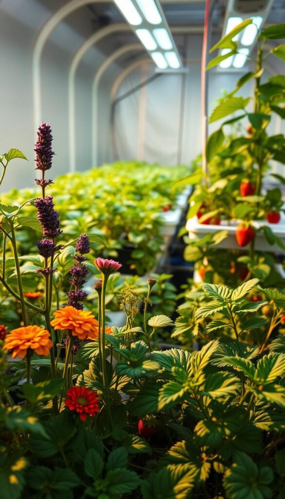 A vibrant indoor hydroponic garden, bathed in soft, warm lighting. In the foreground, various pest-deterring plants such as marigolds, lavender, and basil thrive, their aromatic leaves gently swaying. The middle ground showcases a well-tended hydroponic system, with leafy strawberry plants and lush, healthy greens. In the background, a panoramic view of the indoor growing space, its walls adorned with reflective panels to maximize light distribution. An atmosphere of tranquility and environmental control pervades the scene, highlighting the ideal conditions for thriving, pest-free hydroponic gardening.
