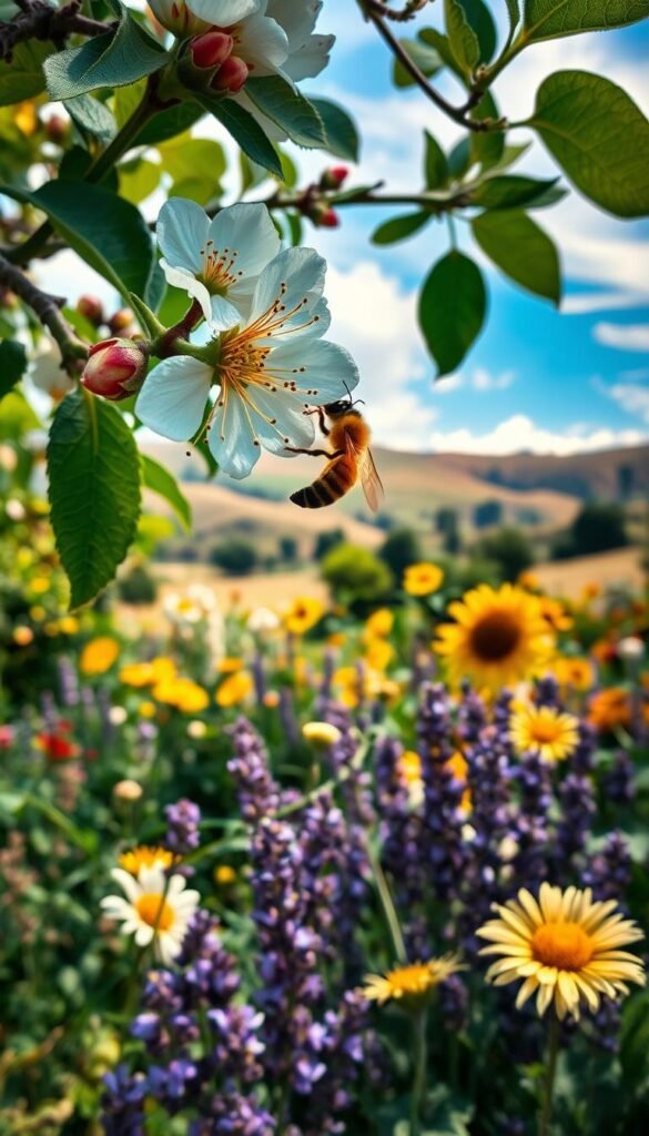 A vibrant, lush garden scene showcasing the pollination partners essential for a thriving home fruit orchard. In the foreground, a honeybee gracefully alights on the delicate white blossoms of a flowering fruit tree, its pollen-dusted legs capturing the magic of this vital ecological interaction. The middle ground reveals a diverse array of pollinator-friendly plants, from fragrant lavender to cheerful sunflowers, creating a symphony of color and life. In the background, a gently rolling hillside frames the scene, bathed in the warm glow of soft, diffused sunlight that filters through wispy clouds. The overall impression is one of harmony, abundance, and the interconnectedness of nature - a serene and inspiring vision for the home fruit gardener.
