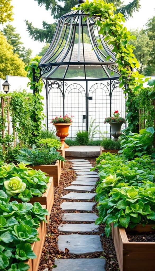 A vibrant, meticulously planned patio vegetable garden, bursting with lush greenery and a harmonious layout. In the foreground, neatly arranged raised garden beds showcase a variety of flourishing vegetables, their colors and textures contrasting beautifully. The middle ground features a winding path made of natural stone, inviting exploration. Towering trellises support climbing vines, while strategically placed planters add pops of color. In the background, a charming wrought-iron gazebo frames the scene, casting soft, diffused light over the entire composition. The overall atmosphere exudes a sense of tranquility, inspiration, and a deep connection to the natural world.