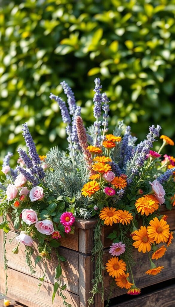 A vibrant, ornamental mix of edible flowers, herbs, and trailing vines spilling over the edges of a rustic wooden planter. In the foreground, delicate pink roses, purple lavender, and bright orange marigolds create a lush, colorful display. The middle ground features silvery-green rosemary, trailing nasturtiums, and fragrant thyme. In the background, a blurred lush green foliage backdrop frames the scene with a soft, natural atmosphere. Warm, filtered sunlight bathes the composition, casting gentle shadows and highlights that accentuate the texture and vibrant hues of the edible ornamentals. Captured with a shallow depth of field using a 50mm lens to emphasize the sensual, artful arrangement.