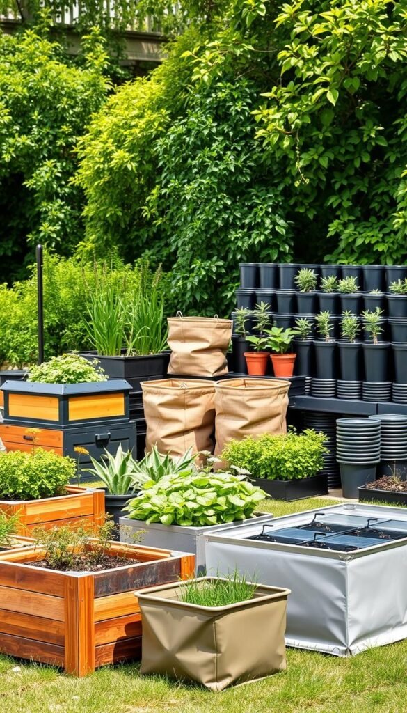 A vibrant outdoor scene featuring an array of portable gardening containers against a backdrop of lush greenery. In the foreground, a variety of stylish, modern raised planters in varying sizes and shapes, made from sustainable materials like wood, metal, and recycled plastic. The middle ground showcases a mix of fabric grow bags in earthy tones, their compact and stackable design highlighting their portability. In the background, a neatly organized assortment of sleek, lightweight plastic pots in a range of sizes, ready to be easily moved and rearranged. The lighting is soft and natural, casting gentle shadows that accentuate the textures and shapes of the containers. The overall mood is one of calm, organized productivity, showcasing the versatility and convenience of these portable gardening solutions.