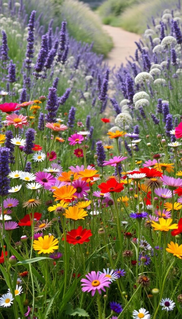 A vibrant, overgrown flowerbed overflows with a chaotic array of blooming wildflowers. In the foreground, bursts of color from daisies, poppies, and cosmos dance in the soft, natural light. The middle ground features towering, untamed stems of lavender and Queen Anne's lace, creating a lush, romantic canopy. In the background, a hazy, unfocused garden path winds through the abundance, hinting at the hidden depths of this wild oasis. The scene evokes a sense of untamed beauty, where nature reigns supreme in a harmonious state of delightful disorder.