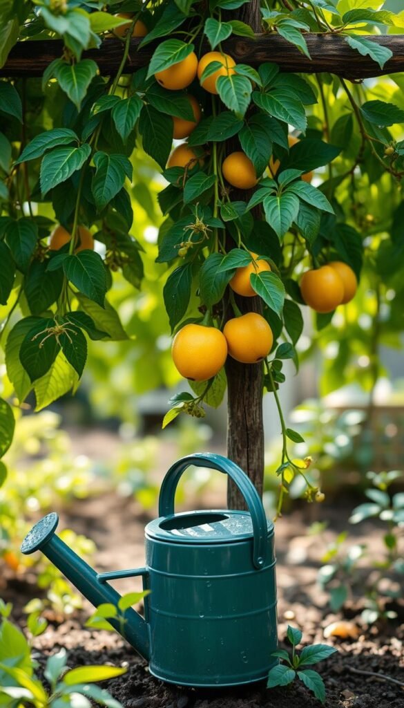 A vibrant passionfruit vine cascading down a rustic trellis, its lush green leaves and tendrils framing a mid-morning scene. In the foreground, a watering can rests on the damp soil, droplets glistening on its surface, ready to nourish the thirsty plant. The middle ground features plump, ripe passionfruit dotting the vine, their golden hues contrasting with the verdant foliage. Gentle natural lighting filters through the leaves, casting a warm, inviting glow across the entire tableau. The background blurs softly, suggesting a well-tended garden space, with hints of other flourishing plants visible in the distance.