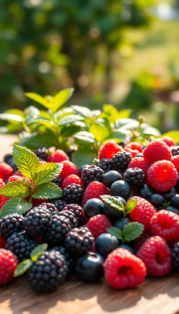 A vibrant selection of various berry varieties neatly arranged on a rustic wooden table, bathed in warm, natural lighting. In the foreground, plump blackberries, raspberries, and blueberries are thoughtfully displayed, their colors and textures highlighting their ripeness. In the middle ground, lush green leaves and delicate stems create a lush, organic backdrop, while the background features a blurred, out-of-focus natural setting, suggesting a serene, garden-like atmosphere. The overall composition conveys a sense of abundance, quality, and the joyful celebration of the diverse world of berry cultivation.