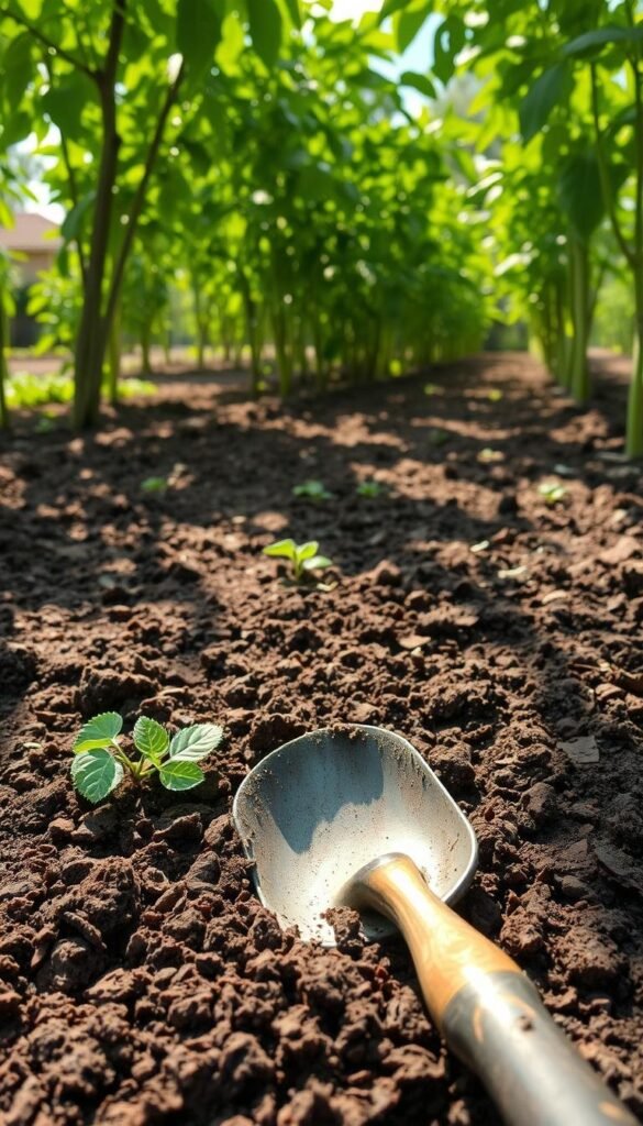 A vibrant square foot garden bed, the soil freshly tilled and dotted with rich, dark compost. Sunlight filters in through a canopy of lush greenery, casting a warm, earthy glow. In the foreground, a shovel rests atop the nourishing mixture, a testament to the careful preparation of this resilient, heat-resistant growing medium. The scene exudes a sense of anticipation, ready to nurture thriving plants that will thrive even in the challenges of a Zone 9 climate.