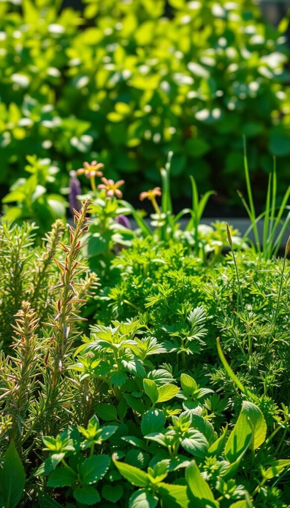 A vibrant square foot garden filled with a variety of lush, aromatic herbs, bathed in warm, natural sunlight. In the foreground, thriving rosemary, thyme, and oregano plants, their foliage glistening with dew. In the middle ground, basil, parsley, and chives grow in perfect symmetry, their colors and textures complementing each other. In the background, a verdant backdrop of leafy greens frames the scene, creating a sense of depth and tranquility. The composition is balanced and visually appealing, capturing the essence of a well-curated, productive herb garden suitable for both Zone 6 and Zone 9 climates.