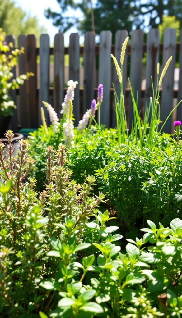 A vibrant square foot garden in a sunny backyard setting, showcasing an assortment of lush, climate-suited herbs. In the foreground, a variety of herbs flourish, including fragrant rosemary, thyme, and oregano, their leaves glistening under warm, natural lighting. In the middle ground, a mix of hearty sage, parsley, and chives stand tall, their colors and textures complementing each other. In the background, a rustic wooden fence frames the scene, hinting at the tranquil, pastoral atmosphere. The overall composition conveys a sense of harmony, inviting the viewer to imagine the flavorful culinary possibilities of these carefully selected, climate-suited herbs.