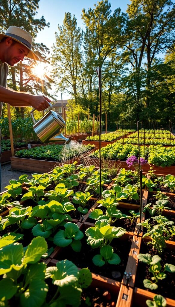 A vibrant square foot garden, meticulously tended, with a gardener carefully watering each section. Warm sunlight filters through the lush foliage, casting dynamic shadows across the raised garden beds. The gardener, wearing a wide-brimmed hat, holds a watering can with precision, ensuring every plant receives the necessary hydration. The foreground showcases the intricate layout of the square foot grid, with each compartment brimming with healthy vegetables and herbs. In the background, a verdant backdrop of towering trees and a clear blue sky create a serene, natural atmosphere. The scene exudes a sense of tranquility and the rewarding labor of tending to a thriving, sustainable garden.