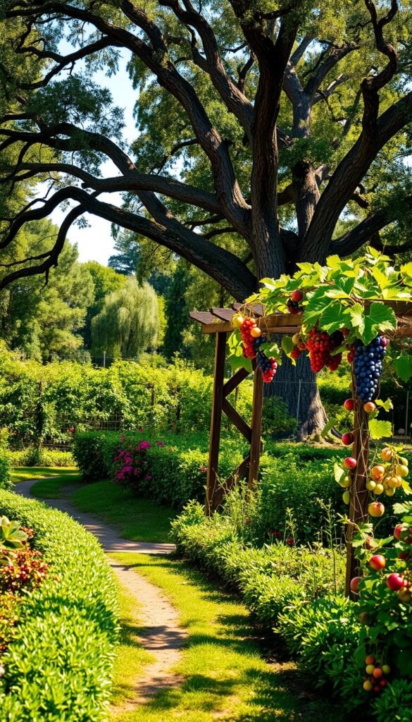 A vibrant, sun-dappled fruit garden with lush, verdant foliage and an array of ripe, colorful produce. In the foreground, a winding path meanders through the garden, bordered by neatly trimmed hedges and flourishing berry bushes. Mid-ground, a wooden trellis supports the tangled vines of a thriving grape arbor, its clusters of plump, juicy grapes glistening in the warm light. In the background, a towering, centuries-old oak tree casts a gentle, dappled shade over the scene, its branches arching gracefully over the entire garden. The overall atmosphere is one of abundance, serenity, and a deep connection to the natural world.