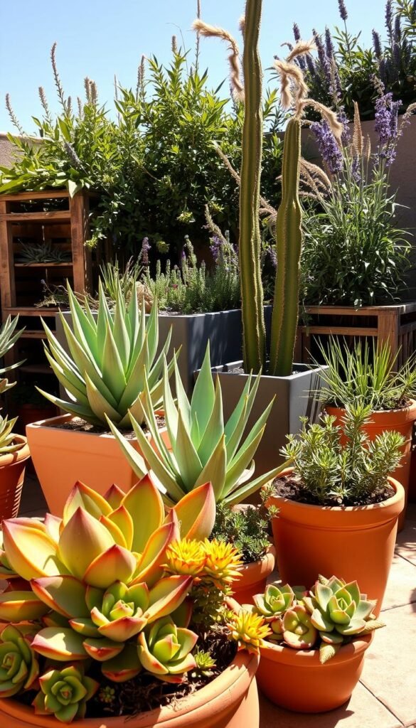 A vibrant, sun-drenched patio scene featuring an artful arrangement of drought-tolerant container plants. In the foreground, a cluster of lush, sculptural succulents in terracotta pots, their fleshy leaves and rosettes catching the warm light. In the middle ground, a spiky agave and a towering yucca plant in sleek modern planters, casting dramatic shadows. Behind them, a verdant mix of resilient foliage plants like sage, lavender, and ornamental grasses, spilling gracefully over the sides of weathered wooden crates. The overall composition exudes a sense of effortless, low-maintenance beauty, perfectly suited for a compact, Mediterranean-inspired outdoor space.