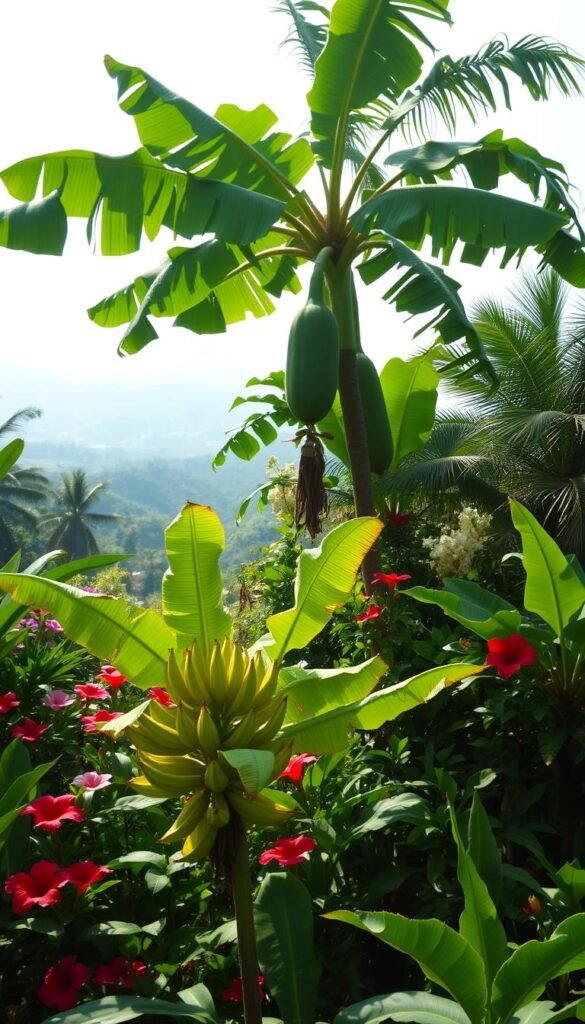 A vibrant tropical garden filled with lush, verdant foliage. In the foreground, a cluster of banana plants sway gently, their broad leaves rustling in the warm breeze. Towering behind them, a papaya tree stands tall, its oblong fruit dangling from the branches. The midground is a tapestry of diverse tropical flora - hibiscus blooms, ginger plants, and towering palm fronds. In the background, a hazy, sun-dappled landscape unfolds, with rolling hills and distant mountain peaks. The lighting is soft and diffused, creating a dreamlike, enchanting atmosphere. The scene is captured with a wide-angle lens, allowing the viewer to fully immerse themselves in the tranquil, verdant wonderland.