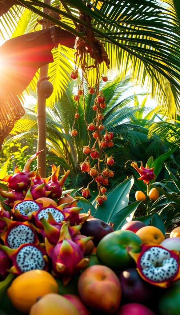 A vibrant tropical paradise, sunlight dappling through lush foliage. In the foreground, an array of exotic fruits - dragon fruit, passionfruit, mangoes, and more, their vivid colors and unique shapes arrayed in a visually striking composition. The middle ground features the graceful vines and flowers of the dragon fruit plant, its delicate tendrils climbing towards the sky. In the background, a backdrop of verdant palms and verdant tropical greenery, creating a sense of depth and immersion. The lighting is warm and golden, evoking the heat and humidity of a tropical afternoon. The camera angle is slightly elevated, giving an overview of the abundant, thriving garden. An atmosphere of lush, abundant life and natural splendor pervades the scene.