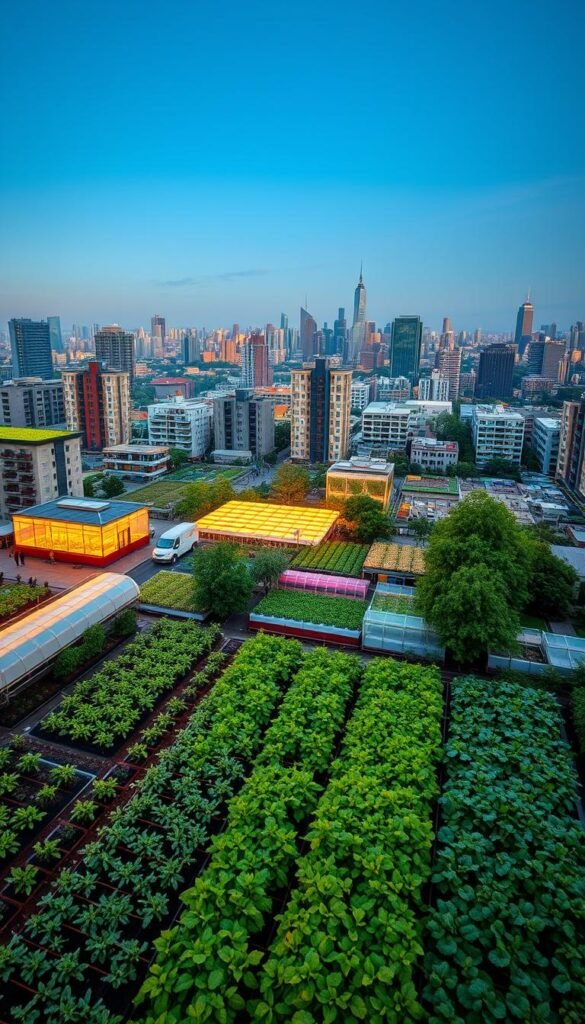 A vibrant urban landscape filled with a diverse array of sustainable agriculture practices. In the foreground, rows of thriving vegetable gardens and lush rooftop greenhouses, illuminated by warm, natural lighting. In the middle ground, vertical farming structures and hydroponic systems nestled between modern high-rise buildings. The background showcases a patchwork of community gardens, urban orchards, and experimental growing spaces, all set against a backdrop of a bustling city skyline. The scene conveys a sense of harmony and innovation, where technology and nature coexist to nourish the urban population.