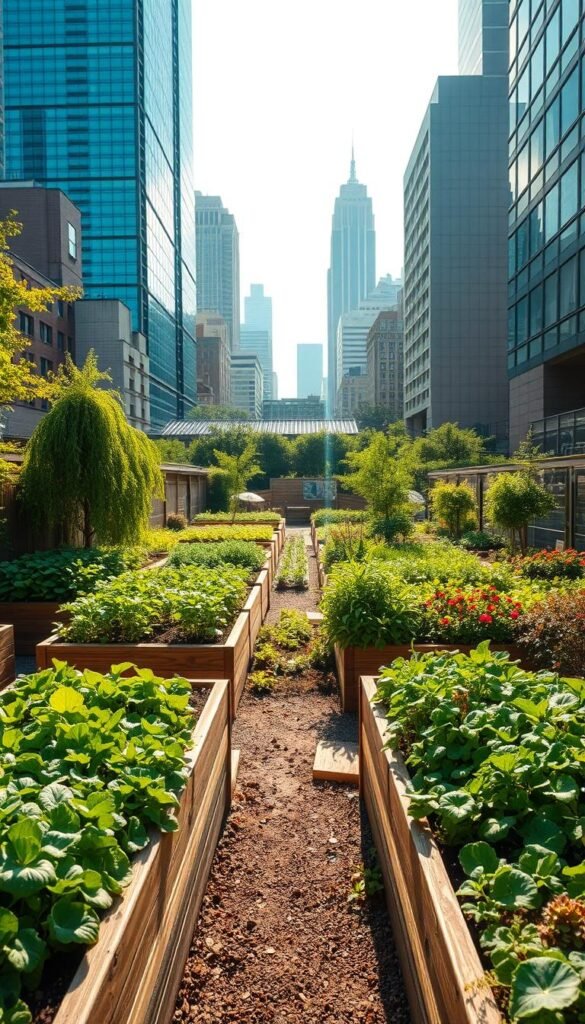 A vibrant urban oasis, lush with verdant vegetable beds and thriving greenery. Raised planter boxes line the foreground, overflowing with an array of leafy greens and vibrant produce. In the middle ground, a sun-dappled community garden bursts with life, pathways winding between neatly tended plots. Towering buildings and skyscrapers frame the scene, a testament to the resilience of nature amidst the urban landscape. Soft, warm lighting bathes the space, creating a serene and inviting atmosphere. A wide-angle lens captures the harmonious integration of agricultural and architectural elements, showcasing the boundless potential of urban agriculture.
