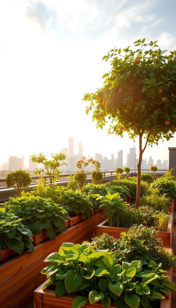 A vibrant urban rooftop garden, brimming with lush vegetation and thriving produce. In the foreground, leafy greens and colorful vegetables cascade from raised planters, their verdant hues contrasting against the warm, natural wood of the garden beds. In the middle ground, fruit trees and flowering plants sway gently in a soft breeze, casting playful shadows on the ground. In the background, the city skyline rises, a testament to the integration of nature and modernity. Warm, golden sunlight filters through wispy clouds, illuminating the scene and conveying a sense of tranquility and abundance. The overall atmosphere is one of harmony, sustainability, and the rewarding potential of urban farming.