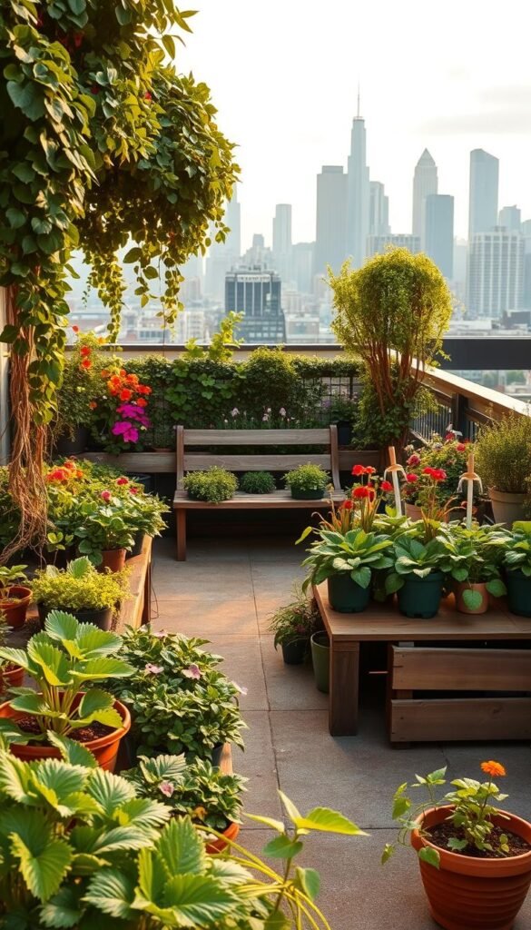 A vibrant urban rooftop garden, lush with leafy greens, vibrant flowers, and trailing vines. The foreground features a diverse array of potted plants and raised garden beds, arranged in a harmonious, yet organic layout. The middle ground showcases a rustic wooden bench, surrounded by cascading greenery, inviting viewers to pause and immerse themselves in the tranquil oasis. In the background, the skyline of a bustling city skyline provides a compelling contrast, hinting at the integration of nature and modern living. Warm, golden lighting filters through the scene, casting a soft, inviting glow and creating a sense of cozy seclusion. The overall atmosphere evokes a serene, inspirational urban gardening haven, perfect for social media-worthy snapshots.