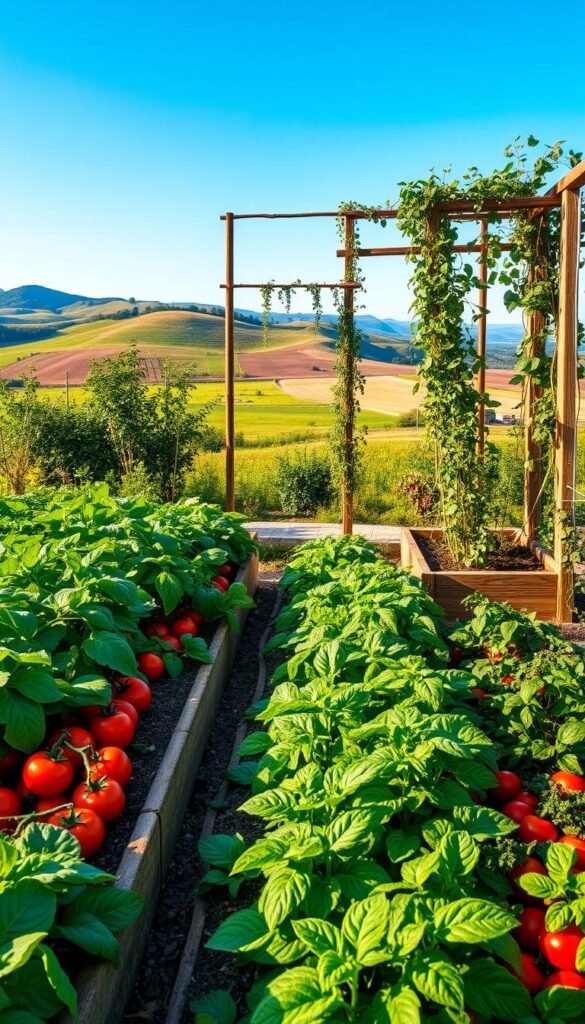 A vibrant vegetable garden design with lush, thriving plants in the foreground. A variety of vegetables and herbs - tomatoes, zucchini, lettuce, basil, and more - arranged in neat rows and raised beds, illuminated by warm, natural lighting. The middle ground features a wooden garden trellis supporting climbing vines, while the background showcases a picturesque countryside landscape with rolling hills and a clear blue sky. The overall composition conveys a sense of abundance, order, and a connection to the natural world, reflecting the principles of planning a productive, continuous harvest vegetable garden.