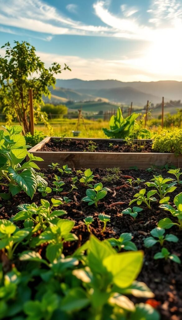 A vibrant, verdant garden scene showcasing sustainable soil conservation practices. In the foreground, a diverse array of lush green plants and foliage cover the soil, acting as a natural mulch to retain moisture and suppress weeds. Mid-ground, a raised garden bed constructed with reclaimed wood frames the scene, its rich, dark soil teeming with earthworms and microbial life. In the background, a serene natural landscape with rolling hills and a clear blue sky, illuminated by warm, golden sunlight filtering through wispy clouds. The overall atmosphere exudes harmony, balance, and a deep respect for the delicate ecosystem beneath our feet.