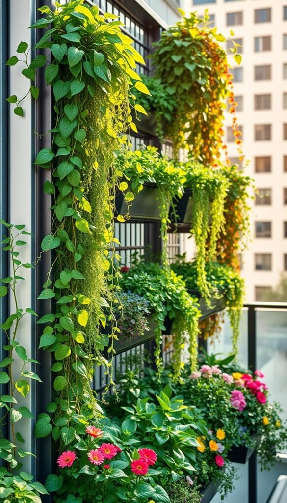 A vibrant vertical garden showcasing a bountiful array of lush, thriving plants cascading down a sleek, modern trellis. Sunlight streams in from the side, casting warm, golden hues across the verdant foliage. The foreground features a variety of leafy greens, herbs, and trailing vines spilling over the edges of elevated planters. In the middle ground, colorful blooms of flowers add pops of vibrant color, while the background depicts a minimalist, urban setting with clean lines and soft, blurred buildings. The overall composition conveys a sense of harmony, creativity, and the transformative power of small-space gardening.