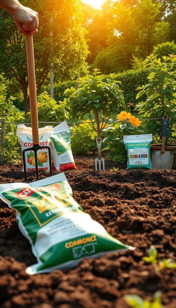 A vibrant, well-lit scene of a backyard garden, showcasing various soil preparation techniques. In the foreground, a person is carefully tilling the earth with a sturdy garden fork, exposing the rich, dark soil. In the middle ground, bags of organic compost and fertilizer stand ready to be incorporated, while a spading fork and trowel rest nearby. In the background, lush green plants and trees create a verdant backdrop, hinting at the bountiful harvest to come. Warm, golden sunlight filters through, casting a natural glow over the scene. The overall mood is one of productive anticipation, as the gardener prepares the soil for optimal growth of a thriving backyard fruit orchard.
