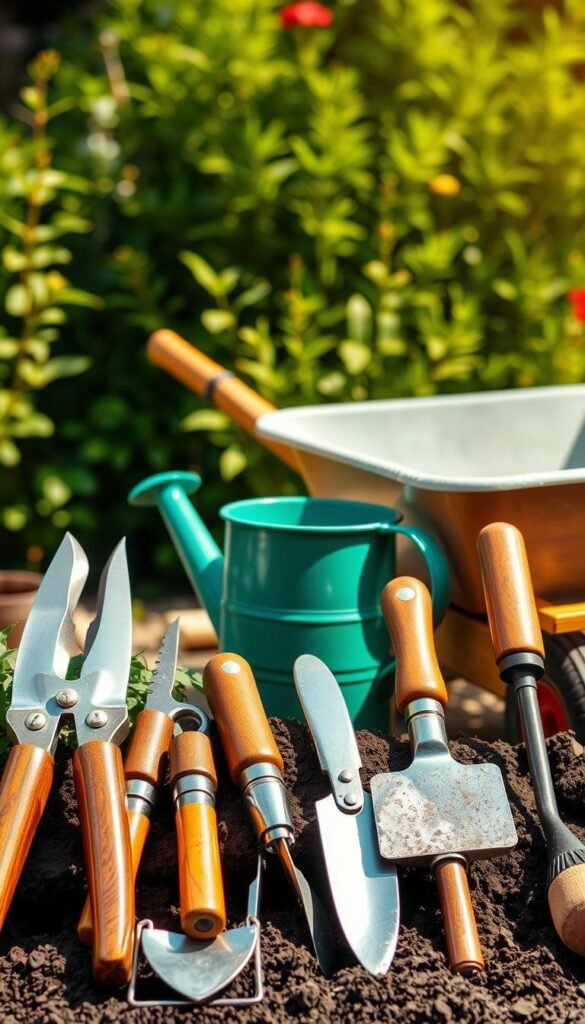 A vibrant, well-lit scene showcasing an array of essential gardening tools for daily management tasks. In the foreground, a neatly arranged collection of hand tools, including pruning shears, a trowel, a soil knife, and a small hand cultivator, all with polished, wooden handles. In the middle ground, a watering can and a clean, sturdy wheelbarrow stand ready for use. The background features a lush, verdant garden backdrop, with a warm, natural lighting that casts gentle shadows, creating depth and texture. The overall composition conveys a sense of organization, functionality, and a dedication to maintaining a thriving, sustainable garden.