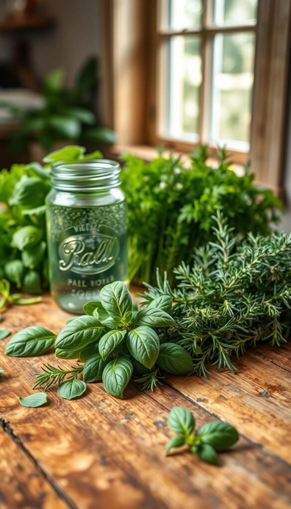 A vibrant, well-lit still life showcasing an array of fresh, aromatic herbs on a rustic wooden table. In the foreground, a variety of leafy greens such as basil, rosemary, thyme, and oregano are artfully arranged, their verdant hues and delicate textures contrasting with the warm, earthy tones of the wooden surface. The middle ground features a glass jar filled with crystal-clear water, highlighting the herbs' natural vitality and the health benefits they provide. In the background, a soft, diffused light filters through a window, casting a natural glow and emphasizing the herbs' vibrant, nourishing qualities. The overall composition conveys a sense of simplicity, tranquility, and the restorative power of nature's bounty.