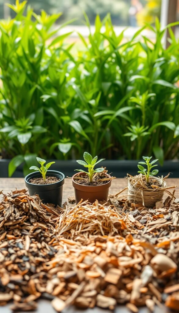 A vibrant, well-lit tabletop scene showcasing a variety of organic mulch options. In the foreground, an assortment of natural materials - shredded bark, wood chips, straw, and dried leaves - are neatly arranged in small piles. The middle ground features several small potted plants, their soil covered with a layer of the different mulch types. In the background, a lush, verdant plant backdrop provides a serene, nature-inspired setting. The overall lighting is soft and diffused, creating a warm, inviting atmosphere that highlights the earthy tones and textures of the organic materials. The camera angle is slightly elevated, giving an overview of the mulch options and their application in a small-scale gardening setting.