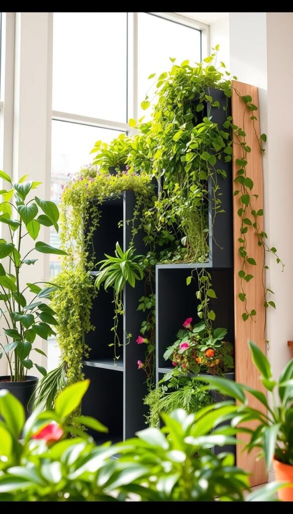 A vibrant, well-lit vertical garden scene showcasing a variety of lush, flourishing plants cascading down a modern, minimalist shelving unit. The foreground features a mix of trailing vines, leafy greens, and colorful flowering plants in a range of sizes and textures, expertly arranged to create a visually striking, three-dimensional display. The middle ground includes sleek, modular shelving units in a natural wood or matte black finish, designed to maximize the use of limited floor space. The background depicts a bright, airy interior with large windows, allowing ample natural light to flood the scene and accentuate the verdant, thriving plants. The overall atmosphere conveys a sense of tranquility, creativity, and efficient utilization of compact living areas.