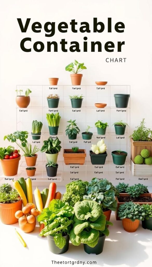 A visually striking and informative vegetable container size chart, showcasing a variety of pots, planters, and raised beds against a crisp, clean background. The foreground features an assortment of common vegetable varieties, their names and ideal container sizes clearly labeled. The middle ground displays the containers themselves, arranged in a grid-like pattern to highlight the scale and proportions. The background subtly fades to a neutral tone, allowing the vegetable and container details to take center stage. Warm, natural lighting casts gentle shadows, creating depth and dimensionality. The overall composition is visually balanced, with a sense of order and practicality, serving as a useful gardening blueprint for the discerning vegetable grower.