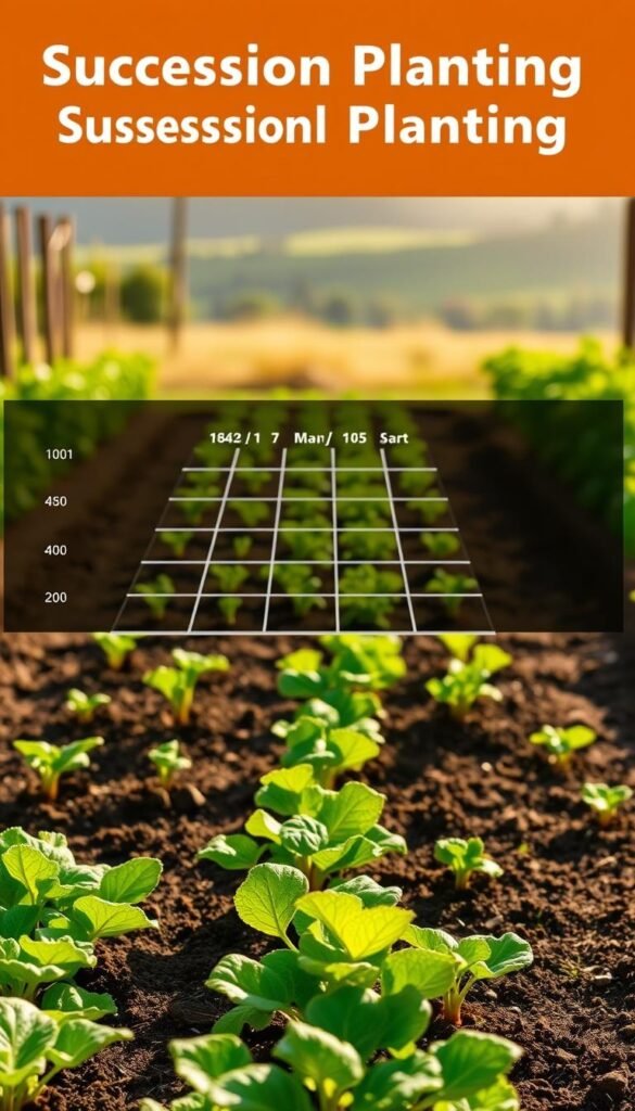 A visually striking illustration of a step-by-step succession planting schedule, showcasing a vibrant garden bed in the foreground. The scene is bathed in warm, natural light, with a crisp, clear focus that draws the viewer's attention to the various plant stages. In the middle ground, a grid-like layout delineates the planting zones, each containing a different crop at a different phase of growth - from seedlings to mature plants. The background features a softly blurred landscape, hinting at the yearly cycle and the promise of continued, bountiful harvests. The overall composition conveys a sense of order, productivity, and the rewarding rhythm of succession planting for year-round sustenance.