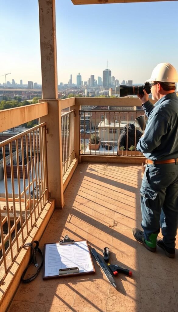 A weathered concrete balcony overlooking a city skyline, with a structural engineer carefully inspecting the railings and support beams through a professional lens. Warm afternoon sunlight casts long shadows, highlighting the intricacies of the balcony's construction. In the foreground, a clipboard and tools lie ready, while in the background, the urban landscape stretches out, suggesting the unique conditions and challenges this small space gardening setup must account for. The scene conveys a sense of careful assessment, an evaluation of the balcony's structural integrity to ensure a safe, successful gardening experience.