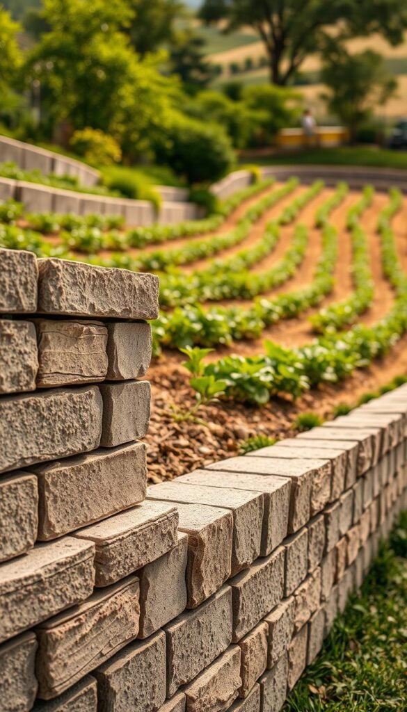 A well-constructed retaining wall with neatly stacked, textured concrete blocks, set against a lush, gently sloping garden. The foreground features the wall's sturdy construction, with precise joints and a natural, earthy tone. The middle ground showcases a terraced vegetable garden, with neat rows of thriving plants cascading down the slope. The background is framed by a warm, soft-focus landscape, hinting at the larger setting of the garden. Warm, directional lighting casts gentle shadows, accentuating the wall's clean lines and the vibrant foliage. The overall atmosphere is one of tranquility, functionality, and harmonious integration of human-made structures and natural elements.