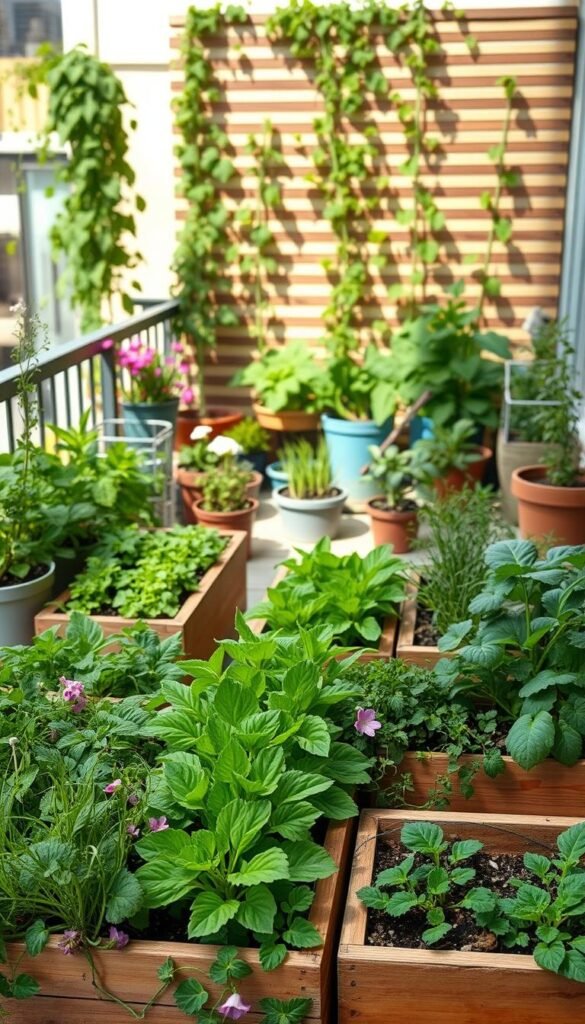 A well-designed balcony garden layout with a continuous harvest of fresh greens. In the foreground, neatly arranged raised planter beds overflow with lush, vibrant leafy vegetables and herbs. Trailing vines and cascading flowers soften the edges, creating a charming, naturalistic look. The middle ground features a visually interesting mix of potted plants in various shapes and sizes, strategically placed to maximize space. In the background, a slatted wooden trellis supports climbing vegetables, casting a warm, dappled light across the scene. The overall atmosphere is one of serene productivity, with a focus on efficient yet aesthetically pleasing organization to enable a steady supply of homegrown produce. Captured in a medium shot, the image showcases the full potential of a thriving balcony garden.