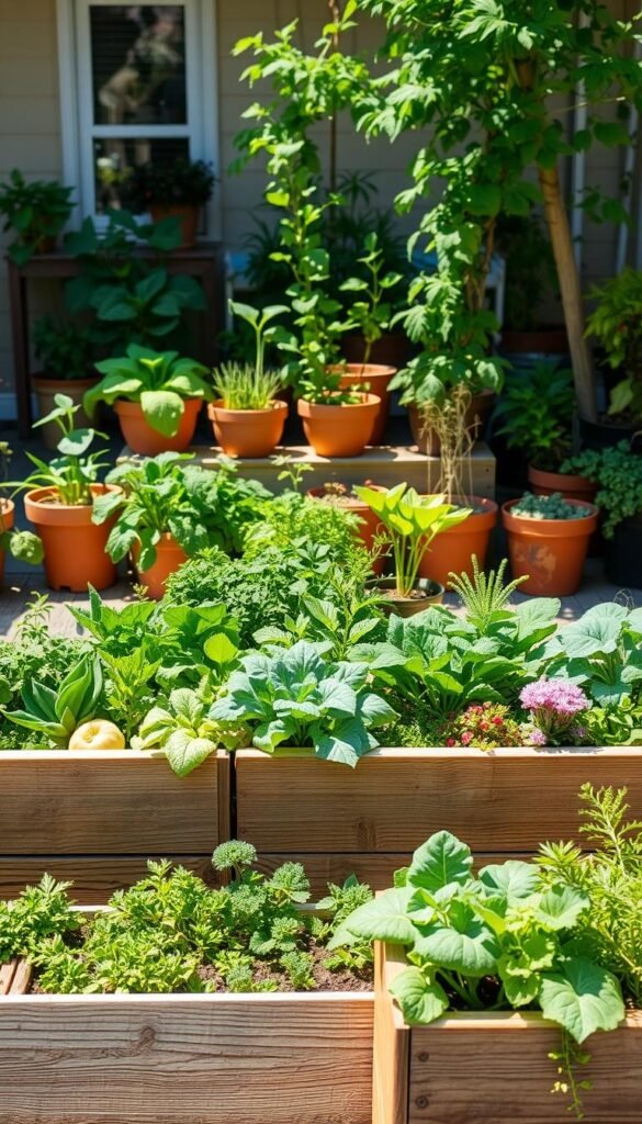 A well-designed raised garden bed filled with lush, vibrant vegetables stands prominently in the foreground, surrounded by a variety of thriving container plantings. The beds are constructed from weathered wood planks, lending a rustic charm to the scene. In the middle ground, a collection of terracotta pots and wooden planter boxes burst with an array of leafy greens, herbs, and flowering plants, creating a visually appealing and functional layout. The background features a cozy, sun-dappled patio or deck, with a subtle, natural lighting that casts warm, gentle shadows across the entire setup. The overall atmosphere exudes a sense of tranquility, inviting the viewer to imagine the joys of cultivating a bountiful, low-maintenance vegetable garden in a compact, urban or small-space setting.