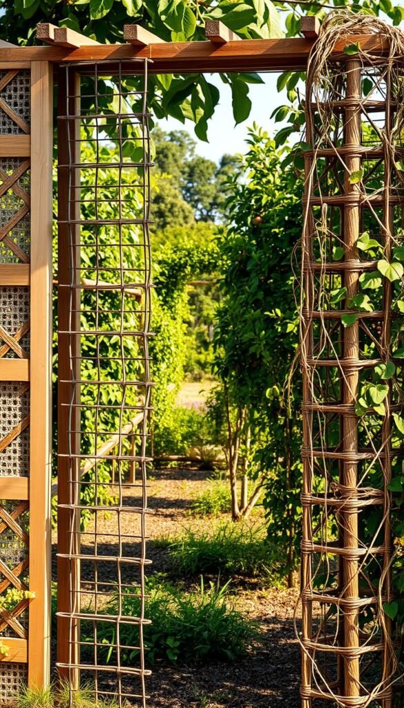 A well-designed trellis showcasing an array of materials including wooden lattices, metal grids, and woven vines, bathed in warm, natural lighting and photographed at a medium distance to highlight the intricate textures and patterns. The trellis stands prominently in the foreground, with a lush, verdant backdrop of passion fruit vines and foliage in the middle ground, creating a harmonious, garden-inspired atmosphere. The composition emphasizes the versatility and aesthetic appeal of different trellis materials, inspiring gardeners to envision the optimal climbing support for their passion fruit plants.