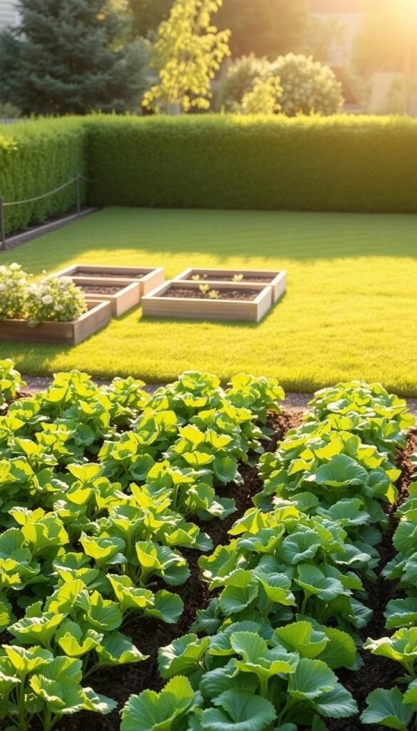 A well-designed vegetable and fruit garden with strategic sunlight management. The foreground features lush, vibrant rows of crops arranged in a logical, efficient layout to maximize sunlight exposure. In the middle ground, raised garden beds are positioned to capture the optimal amount of natural light throughout the day. The background showcases a neatly trimmed, manicured lawn that complements the carefully planned garden. Soft, warm tones of the sun's rays illuminate the scene, creating a tranquil, productive atmosphere. The composition emphasizes the harmonious integration of form and function, resulting in a thriving, sustainable mini-farm.