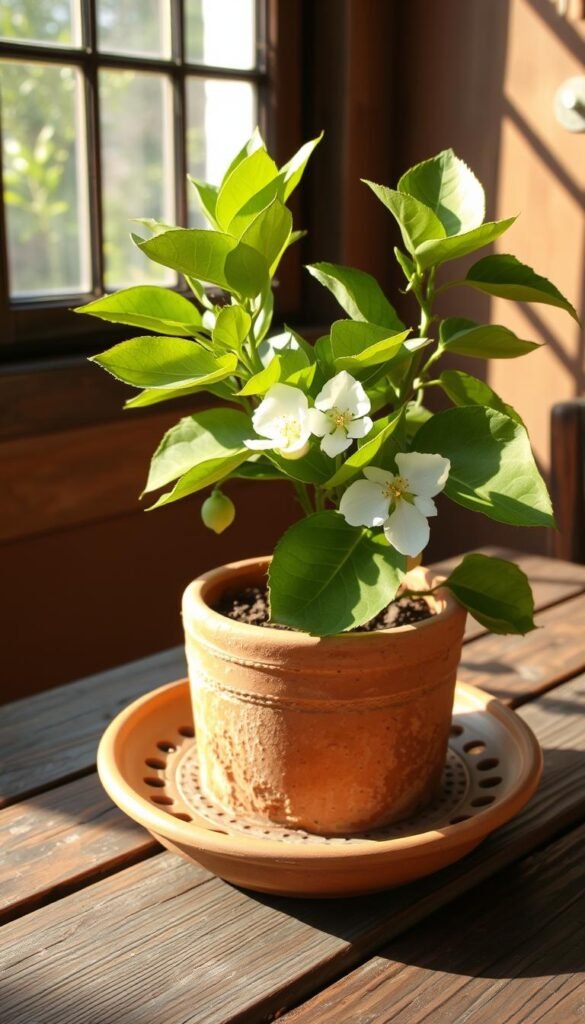 A well-drained, rustic terracotta container rests on a weathered wooden table, its perforated base allowing excess water to drip into a shallow tray. Sunlight filters through a garden window, casting a warm, natural glow over the scene. The container's textured surface contrasts with the smooth, glossy leaves of a thriving citrus plant, its vibrant green hues and delicate white blossoms hinting at the flavorful fruit to come. This compact, visually appealing setup reflects the ideal conditions for growing citrus in a patio or small garden setting.