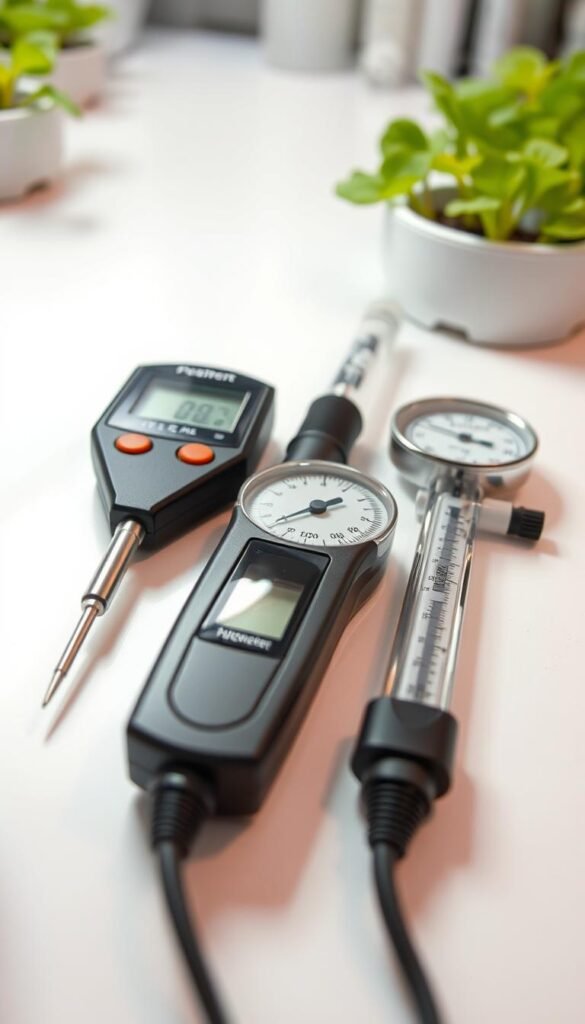 A well-lit and crisp close-up image of a collection of hydroponic nutrient monitoring tools, including a digital pH meter, an EC/TDS meter, and a hydrometer, arranged neatly on a clean, white surface. The tools are gleaming and reflect the soft lighting, conveying a sense of precision and attention to detail. The background is slightly blurred, keeping the focus on the instruments. The overall mood is one of scientific professionalism and a commitment to maintaining optimal growing conditions for hydroponic plants.