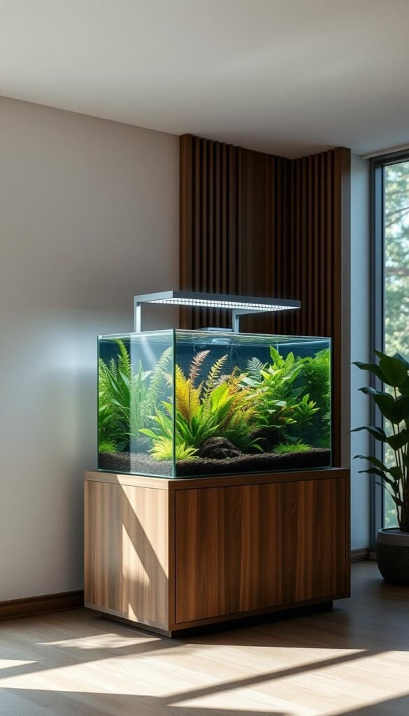 A well-lit and organized aquarium display with a sleek, modern aesthetic. A glass tank sits atop a minimalist wooden stand, its contents illuminated by a sophisticated LED light fixture overhead. The lighting casts a warm, ambient glow, highlighting the vibrant colors of the aquatic plants and providing optimal conditions for a thriving underwater ecosystem. The setup is positioned in a spacious, sun-drenched room, with large windows allowing natural light to filter in and complement the artificial illumination. The overall scene exudes a sense of tranquility and balance, perfectly suited for an indoor water garden oasis.