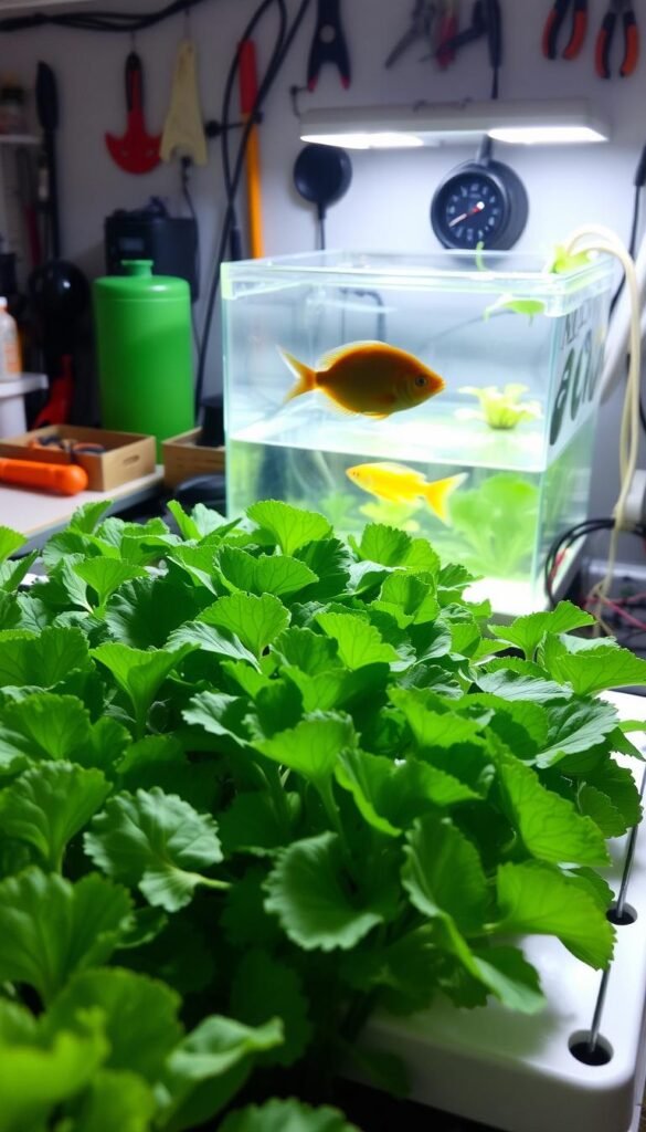 A well-lit aquaponic setup with a vibrant green vegetable grow bed in the foreground, and a clear fish tank in the middle ground. In the background, a variety of tools and monitoring devices are visible, representing the troubleshooting process. The fish appear healthy, swimming gracefully, while the plants show signs of potential algae growth, hinting at the challenges of maintaining a balanced ecosystem. The overall scene conveys a sense of exploration and problem-solving, capturing the essence of the "Troubleshooting Common Aquaponics Challenges" section.