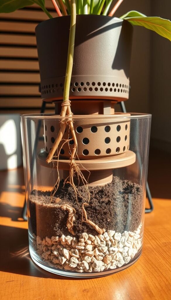 A well-lit, architectural cross-section view of a container plant's soil and drainage setup. In the foreground, a transparent acrylic pot showcases the layered soil profile, with coarse gravel or rocks at the base for enhanced air circulation and water drainage. Roots extend from the plant, intertwining with the gravel. In the middle ground, a perforated plastic or terracotta pot base elevates the soil, promoting airflow from below. The background features a slatted wood or wire mesh plant stand, allowing for ample air movement around the container. Warm, natural lighting casts shadows that highlight the intentional design, conveying a sense of functionality and horticultural expertise.
