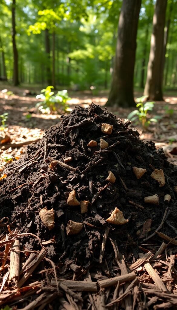 A well-lit, close-up photograph of a mound of rich, dark compost with bits of decaying organic matter, surrounded by a layer of brown, shredded wood mulch on the forest floor. The compost has a crumbly, earthy texture, and the mulch forms a cozy, insulating layer around it. Sunlight streams through the dappled foliage above, casting a warm, natural glow on the scene. The overall impression is one of a thriving, healthy ecosystem that nourishes the soil and supports plant growth.