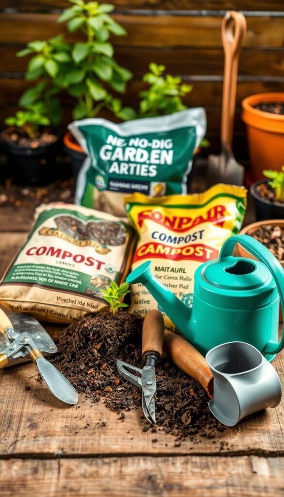 A well-lit, close-up photograph of a no-dig garden bed essentials arrangement on a rustic wooden surface. In the foreground, an assortment of gardening tools including a hand trowel, pruning shears, and a watering can. In the middle ground, bags of compost, manure, and organic mulch materials. In the background, a few potted plants and a spade sticking out of the soil, conveying the idea of a thriving, low-maintenance garden ecosystem. The overall scene has a warm, natural tone, highlighting the simple yet effective ingredients for starting a successful no-dig garden bed.
