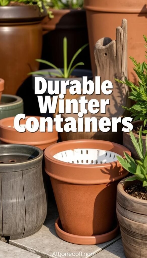 A well-lit, close-up photograph of a variety of durable winter containers, showcasing their sturdy construction and suitability for cold-weather gardening. The containers are made of high-quality materials like glazed ceramic, thick plastic, or weathered wood, in a range of earthy tones and textures that complement the natural landscape. The containers are arranged in an aesthetically pleasing composition, highlighting their practical features like drainage holes, insulation, and frost-resistant designs. The lighting is soft and diffused, casting gentle shadows that accentuate the containers' forms. The overall mood is one of functional elegance, conveying the message that these containers can protect delicate plants throughout the harsh winter season.