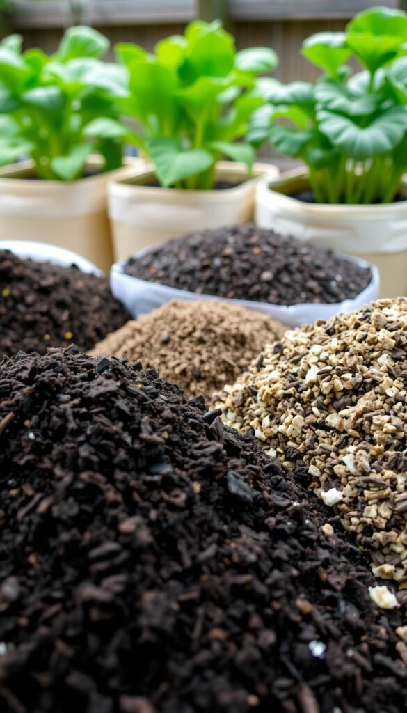 A well-lit, close-up photograph of a variety of nutrient-rich soil components for container gardening vegetables. In the foreground, a mix of dark, loamy topsoil, compost, and perlite or vermiculite are neatly arranged. The middle ground features medium-sized bags or containers of these soil amendments. In the background, leafy green vegetable plants in raised planters or pots provide a natural, organic context. The lighting is soft and diffused, highlighting the textures and colors of the soil blend. The overall composition conveys the ideal ingredients and preparation for a thriving container vegetable garden.
